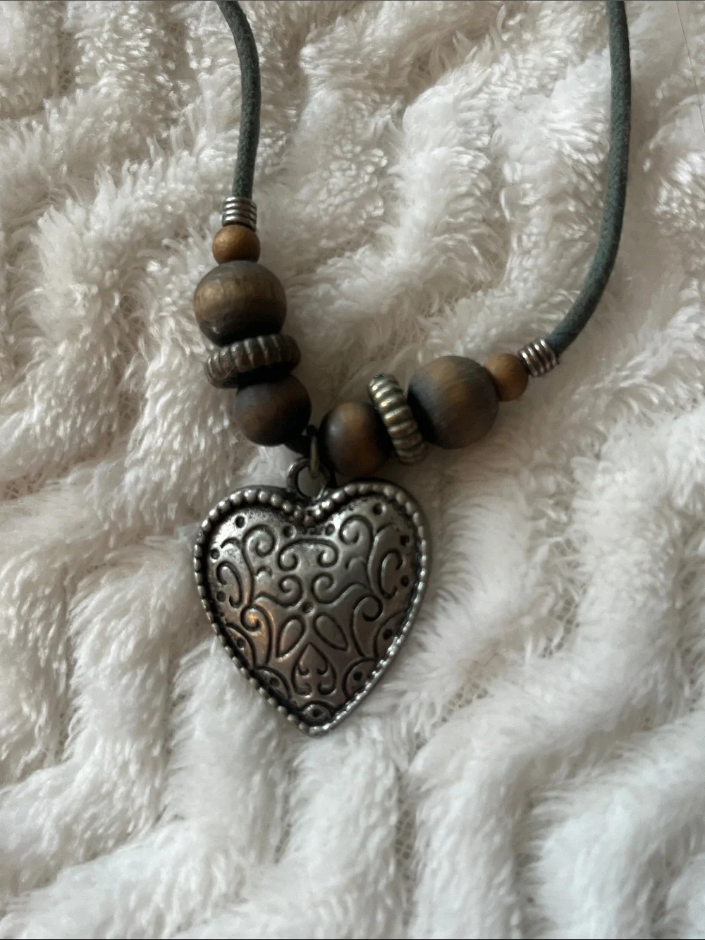 Vintage Heart Pendant Wood Bead Necklace